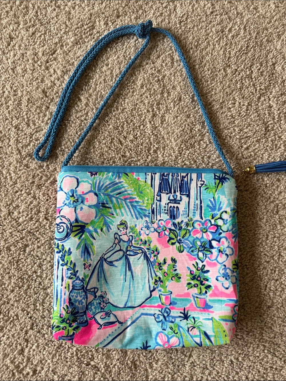 Handmade Cinderella Blue Floral Canvas Crossbody Bag with Rope Strap